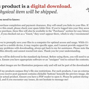 May include: Text on a white background with a whimsical design in the top right corner. The text reads: "This product is a digital download. No physical item will be shipped. What you need to know:"  The text continues with information about how to access digital downloads after purchase.
