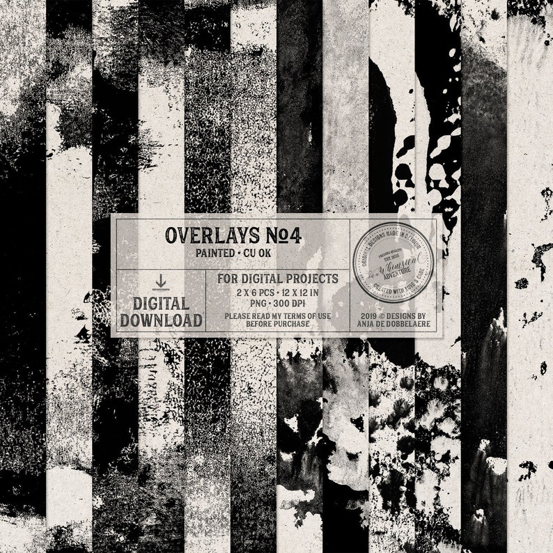 Peut inclure: Superpositions num&eacute;riques en noir et blanc avec une texture grunge. Les superpositions mesurent 30,5 cm sur 30,5 cm et sont vendues par lot de 12. Le texte sur l'image indique "Overlays N№4 Painted - CU OK For Digital Projects 2 x 6 Pcs - 12 x 12 in PNG - 300 DPI Please read my terms of use before purchase 2019 &copy; Designs by Anja de Dobbelaere"
