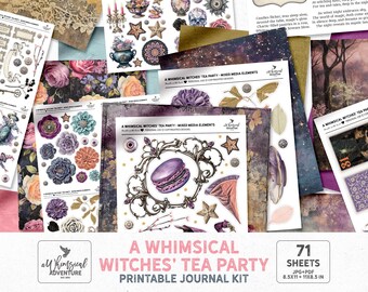May include: A collection of printable journal kit elements with a whimsical witches' tea party theme. Includes floral designs, decorative elements, and the text "A Whimsical Witches' Tea Party Printable Journal Kit". The kit contains 71 sheets, 8.5x11 and 11x8.5 inches.