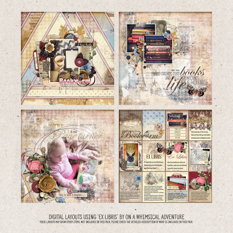 May include: Four digital scrapbook layouts with a vintage aesthetic featuring a bookworm theme. The layouts include images of books, flowers, and a child reading. The text "Bookworm", "Page Turner", and "Ex Libris" is included in the layouts.