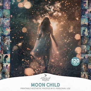 Foto di bambini lunari estetici di Celestial Academia stampabili, immagini mistiche da scaricare digitalmente per arte murale, scrapbooking e diario spazzatura