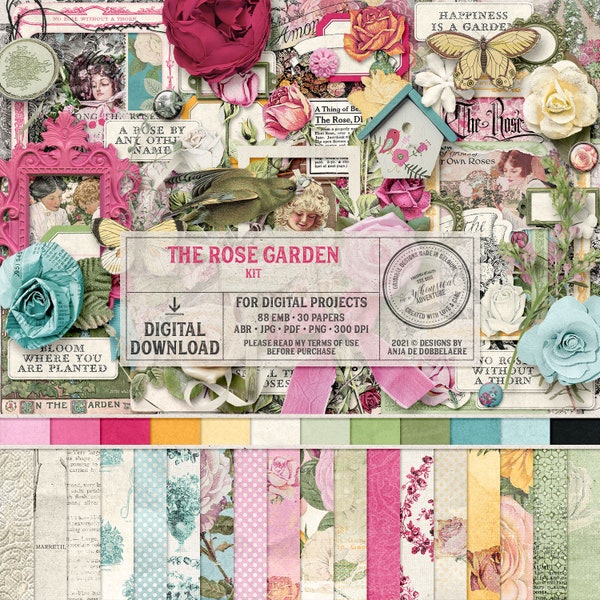 Digital Scrapbook Kit - Rose Garden - Shabby Chic - Floral Papers - Mixed Media - Digital Download