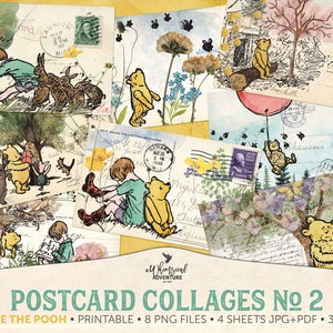 Art vintage imprimable de collage de carte postale de Winnie l'ourson, éphémères mignons de journal de rebut, dessins numériques et illustrations d'aquarelle