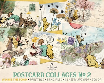 Printable Vintage Winnie The Pooh Postcard Collage Art, Cute Junk Journal Ephemera, Digital Drawings and Watercolor Illustrations