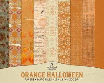 Papier cartonné Halloween, scrapbooking numérique Halloween, fond d'Halloween, papier Halloween, papier décoratif, papier orange, paquet de papier grunge