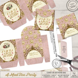 Gold and Pink Mad Tea Party Decorations, Printable Party Favor Bag, Digital Download, Printable Collage Sheet, Alice In Wonderland Decor image 7