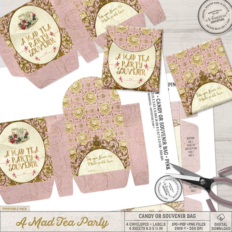 Gold and Pink Mad Tea Party Decorations, Printable Party Favor Bag, Digital Download, Printable Collage Sheet, Alice In Wonderland Decor image 7