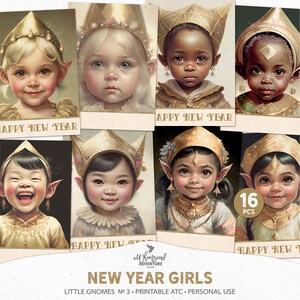 Aquarela Ano Novo Gnomos Imprimíveis Artista Cartões de Troca Pinturas, Download Digital Feriado Gnomo Meninas Junk Journal Pacote de Coisas Efêmeras