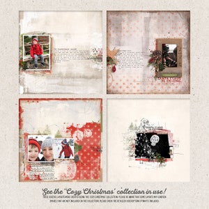 Puede incluir: Cuatro dise&ntilde;os digitales de &aacute;lbum de recortes con un tema navide&ntilde;o. Cada dise&ntilde;o presenta una foto diferente de ni&ntilde;os e incluye varios elementos festivos como copos de nieve, estrellas y un letrero de Santa Claus est&aacute; llegando.