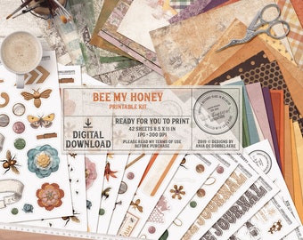 @Amimi♪ジャンクジャーナル風☆Bee&butterfly Bee My Honey、印刷可能なスクラップブックキット、ジャンクジャーナル