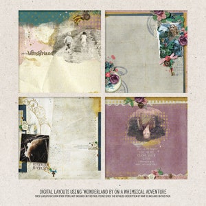 May include: Four digital scrapbook layouts with a whimsical wonderland theme. The layouts feature a variety of textures, patterns, and colors, including pink, blue, green, and white. The layouts also include text, such as "Off to Wonderland" and "Curiouser and Curiouser".