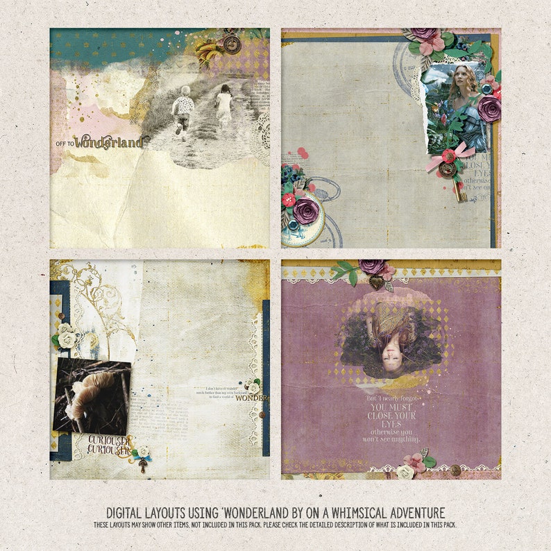May include: Four digital scrapbook layouts with a whimsical wonderland theme. The layouts feature a variety of textures, patterns, and colors, including pink, blue, green, and white. The layouts also include text, such as "Off to Wonderland" and "Curiouser and Curiouser".