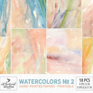 Carta per acquerello dipinta a mano, download digitale, carta stampabile, tecnica mista, confezione di carta multicolore per scrapbooking e art journaling