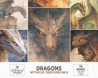 May include: A collection of dragon illustrations in various colors and poses. The artwork features detailed depictions of mythical creatures, with a focus on their heads and bodies. The images are labeled "Dragons Mythical Creatures No. 6" and include the text "16 Images JPG+PDF 3 Sizes."