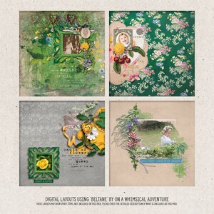 Op de afbeelding: Vier digitale scrapbook-layouts met een sprookjesachtig tuinthema. De layouts bevatten bloemmotieven, afbeeldingen in vintage-stijl en tekstelementen. De tekst omvat "were Maying", "knote of flowers", "queen", "The May" en "WELCOMING FAIRIES IN MY GARDEN".