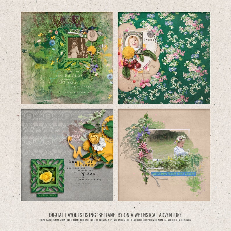 Op de afbeelding: Vier digitale scrapbook-layouts met een sprookjesachtig tuinthema. De layouts bevatten bloemmotieven, afbeeldingen in vintage-stijl en tekstelementen. De tekst omvat "were Maying", "knote of flowers", "queen", "The May" en "WELCOMING FAIRIES IN MY GARDEN".