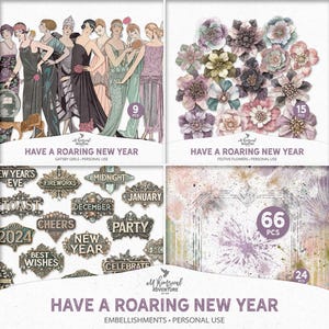 Paquete de imágenes prediseñadas de la fiesta Art Deco del Gran Gatsby de los años 20 para Año Nuevo, descarga digital, elementos de diario y álbum de recortes de estilo de los locos años veinte