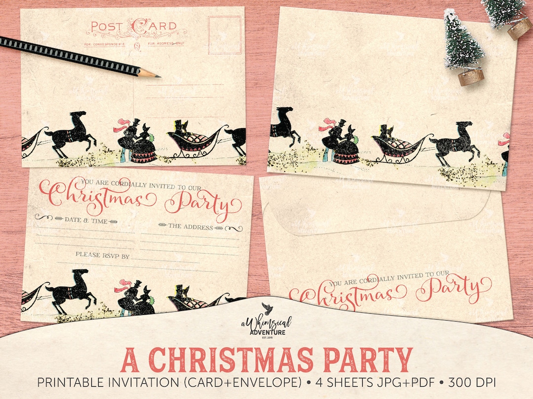 Printable Vintage Christmas Party Postcard Invitation, Digital Download ...