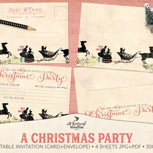 Invitation vintage imprimable de carte postale de fête de Noël, carte et enveloppe de papeterie de vacances de bricolage à téléchargement numérique