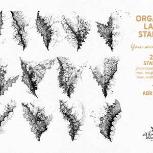 May include: A set of 25 black and white organic lace stamps, perfect for adding a delicate touch to your crafting projects. The stamps are in the shape of leaves and branches, and they come with a corresponding ABR file.