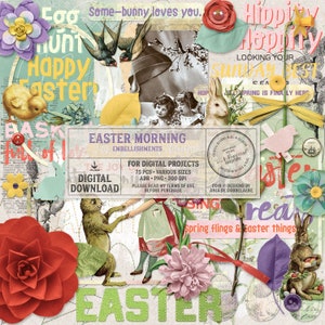 Happy Easter, Egg Hunt, Instant Download, Digital Scrapbooking Embellishments, For Spring, Vintage Easter Ephemera, Bunnies and Flowers image 1