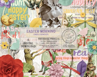 Happy Easter, Egg Hunt, Instant Download, Digital Scrapbooking Embellishments, For Spring, Vintage Easter Ephemera, Bunnies and Flowers