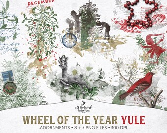 Yule Embellishments, Wheel Of The Year, Instant Download, Vintage Ephemera, Winter Solstice, Digital Overlays, Pagan Ephemera, Clip Art