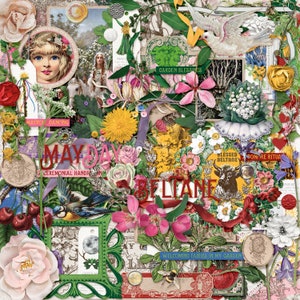 Op de afbeelding: Een collage van afbeeldingen die May Day en Beltane vieren, met bloemen, vogels en een handgeschilderd bord met de tekst "May Day Ceremonial Handfan".