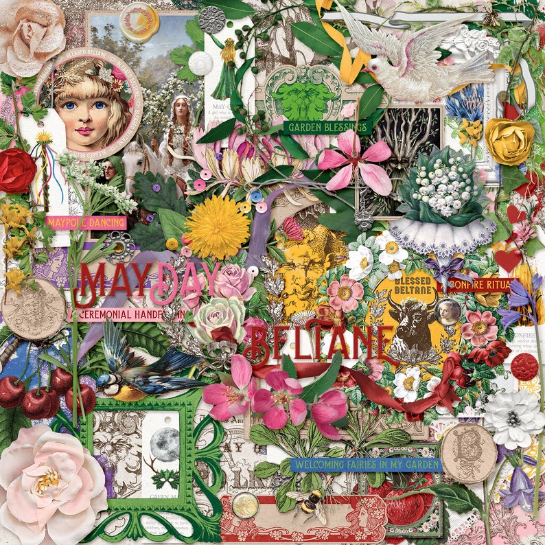 Op de afbeelding: Een collage van afbeeldingen die May Day en Beltane vieren, met bloemen, vogels en een handgeschilderd bord met de tekst "May Day Ceremonial Handfan".