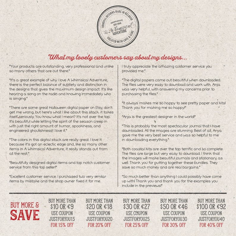 May include: A collage of customer testimonials about digital paper and journal designs. The text highlights the quality, design, and customer service of the shop. The image also includes a buy more and save discount offer with different price tiers and corresponding discounts.
