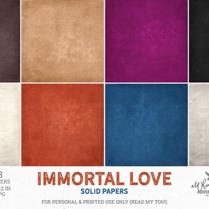 May include: A collection of eight square digital papers in solid colors including dark brown, tan, magenta, black, cream, rust orange, blue, and gray. The text reads 8 PAPERS 12X12 IN JPG IMMORTAL LOVE SOLID PAPERS a Whimsical ADVENTURE EST 2015.