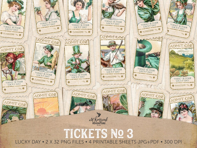 Irish Ephemera, St Patricks Day Tickets, Today Is Your Lucky Day, Saint Patrick Digital Paper Crafting, Printable Irish Journal Paper, Luck image 1