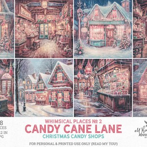 Papel de álbum de recortes de la tienda de dulces navideños Candy Cane Lane, descarga digital, fondo de casas de pueblo invernales pintadas