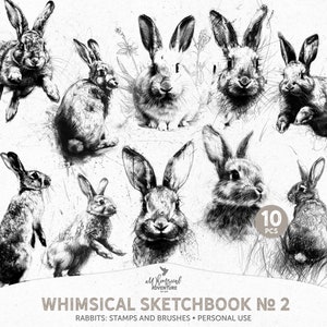 Charcoal Rabbit Sketch Book Drawings For Easter Scrapbooking Or Wall Art, Digital Download Photoshop Brushes ABR And Clipart PNG Files image 1