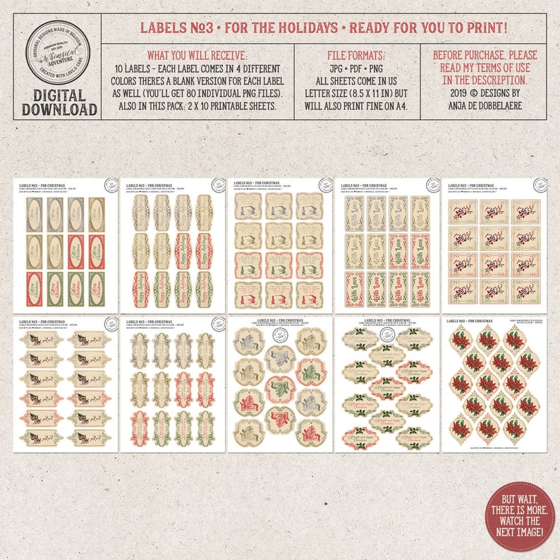 May include: Printable Christmas gift tags with a vintage design. The tags feature a variety of designs, including a sleigh, a Christmas tree, and a poinsettia. The tags are available in four different colors and come with a blank version for each label. The set includes 80 individual PNG files and 2 x 10 printable sheets.
