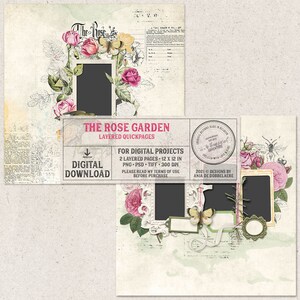 Può includere: Download digitale di due pagine di scrapbooking a strati con un tema di giardino di rose. Le pagine misurano 30,5 cm x 30,5 cm e 300 DPI. Le pagine includono una varietà di elementi floreali, tra cui rose, farfalle e foglie. Il testo "The Rose Garden" e "Layered Quickpages" è incluso sulle pagine.