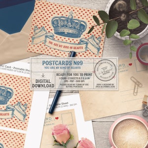 Carte postale numérique, Vous êtes mon roi de coeur, style vintage, carte postale imprimable, scrapbooking coeur, carte postale romantique, cartes postales couronne du roi