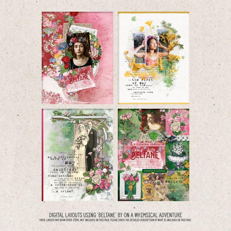 Op de afbeelding: Vier digitale scrapbook-layouts met een bloemenontwerp met het woord "BELTANE" in een vintage stijl. De layouts bevatten afbeeldingen van mensen, bloemen en tekst.