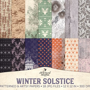 Può includere: Un set di 18 design di carta digitale con temi del solstizio d'inverno. Le carte includono vari motivi, come fiocchi di neve, renne e trame a maglia, in una varietà di colori, tra cui rosso, verde, blu e bianco. Le carte misurano 30,5 cm per 30,5 cm e 300 DPI.