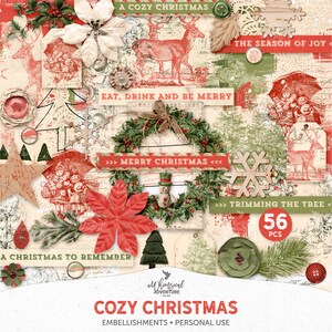 Kerst traditionele rode en groene digitale plakboekelementen, instant download mixed media vakantie-illustraties Ephemera Pack
