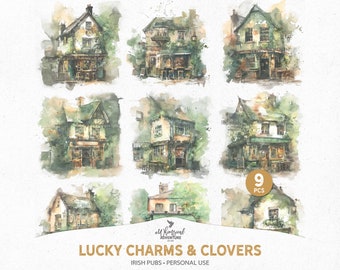 Lucky Charms And Clovers Irish Pubs Artsy Digital Scrapbooking Overlays, Instant Download Watercolor PNG Clipart Files For St Patricks Day