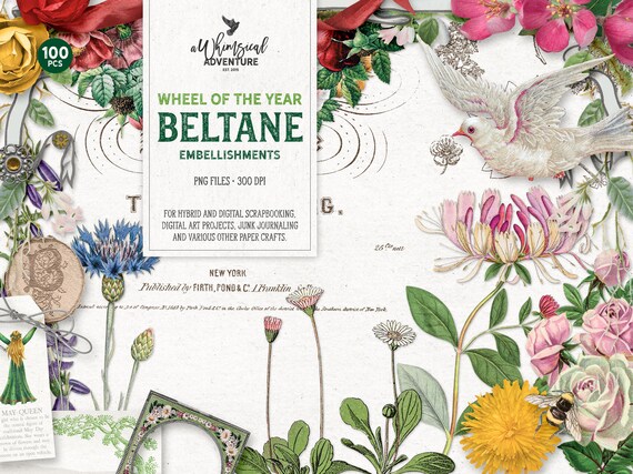Beltane Scrapbook Elements, Wheel Of The Year, Mixed Media, May Day Gift, Digital Download