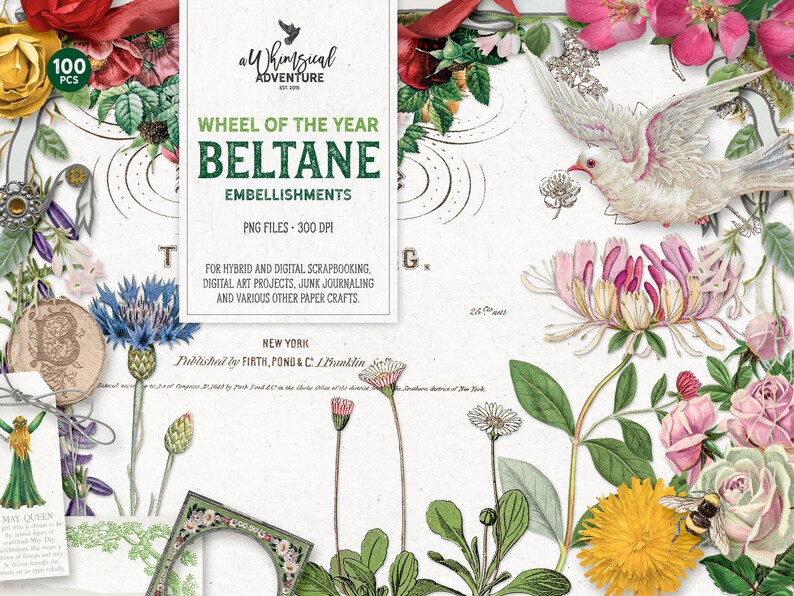 Op de afbeelding: Een digitale collage van 100 afbeeldingen voor scrapbooking en knutselen. De afbeeldingen tonen bloemen, een duif en de tekst "Wheel of the Year Beltane Embellishments".