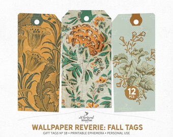 Etiquetas de regalo de otoño imprimibles digitalmente, paquete de efímeras de diario basura de descarga instantánea, etiquetas de papel tapiz floral vintage