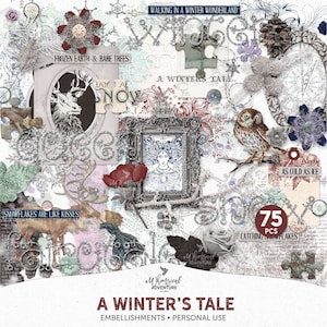 Un cuento de invierno La reina de las nieves Elementos de arte de fantasía en técnica mixta, paquete de efímeras de álbum de recortes de cuentos de hadas con descarga digital