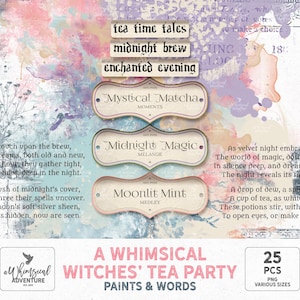 A Whimsical Witches&#39; Tea Party Pastel Halloween Paint, Poetry And Words, Digital Download Victorian Era Witchy Aesthetic Scrapbook Clipart