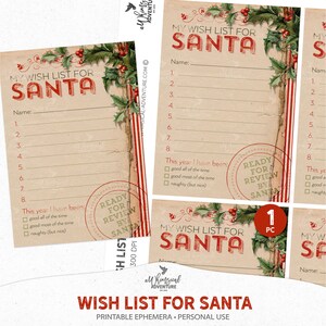 Druckbare Vintage Weihnachtseinkaufsliste, digitaler Download Urlaub Geschenkplaner, Brief an Santa Bestellschein Collage Sheet