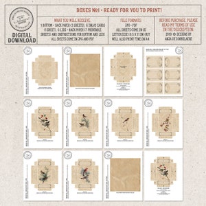 Pode incluir: Download digital imprim&iacute;vel de um conjunto de caixas com um design de p&aacute;ssaro e bagas. O conjunto inclui 1 fundo, 6 tampas e 6 cart&otilde;es de incrusta&ccedil;&atilde;o. Todas as folhas v&ecirc;m em formatos JPG e PDF. As caixas s&atilde;o projetadas para serem impressas em papel tamanho carta dos EUA (21,6 x 27,9 cm), mas tamb&eacute;m ser&atilde;o impressas bem em papel A4.