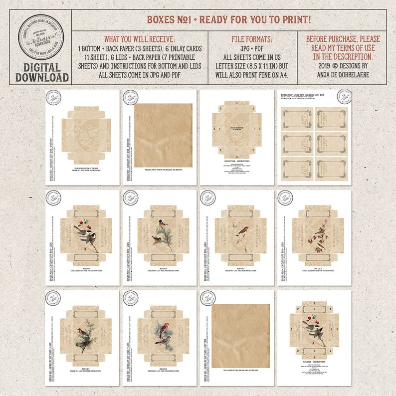 Pode incluir: Download digital imprim&iacute;vel de um conjunto de caixas com um design de p&aacute;ssaro e bagas. O conjunto inclui 1 fundo, 6 tampas e 6 cart&otilde;es de incrusta&ccedil;&atilde;o. Todas as folhas v&ecirc;m em formatos JPG e PDF. As caixas s&atilde;o projetadas para serem impressas em papel tamanho carta dos EUA (21,6 x 27,9 cm), mas tamb&eacute;m ser&atilde;o impressas bem em papel A4.