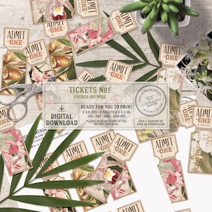 Tropical Party Idea, Wedding Invitation, Rose Gold and Green, Printable Party Ticket Instant Download, Digital Collage Sheet, Vintage Orchid image 9